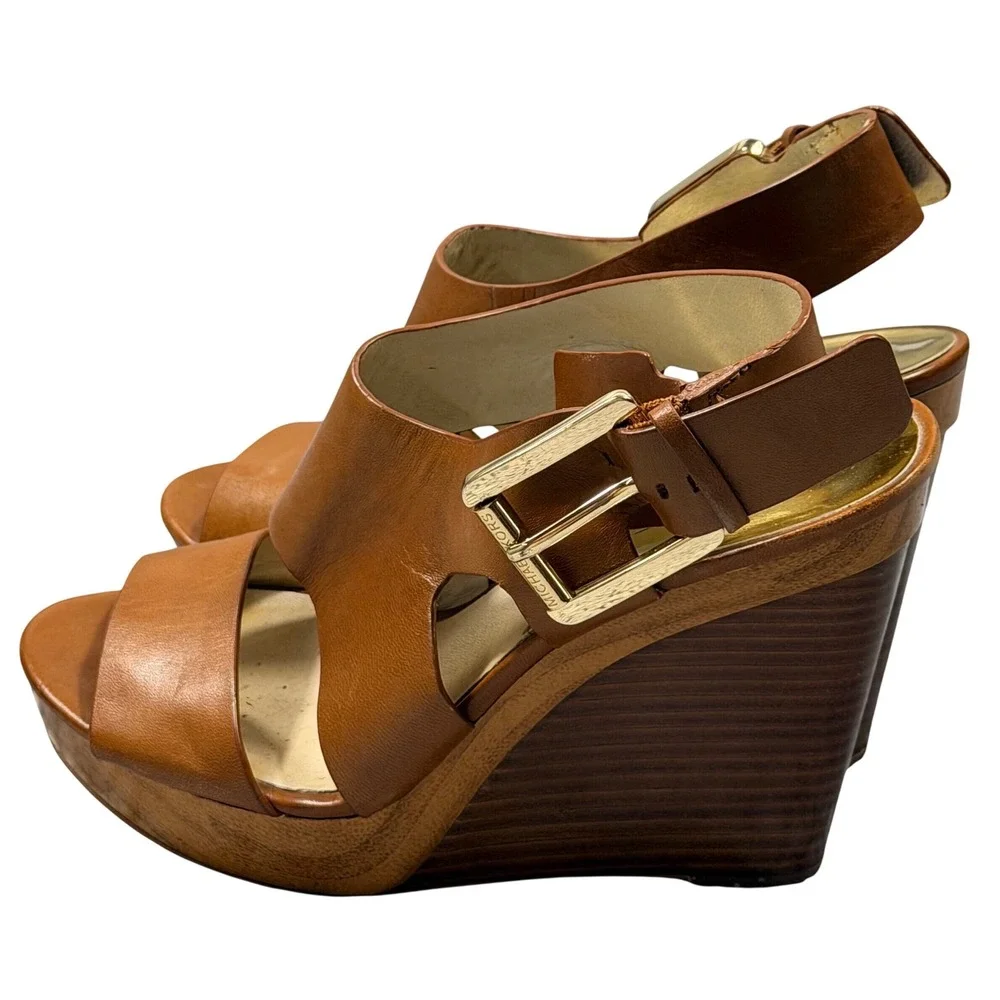 Michael Kors Wedge Sandals Womens Tan Leather Wood Platform Gold Buckle Boho